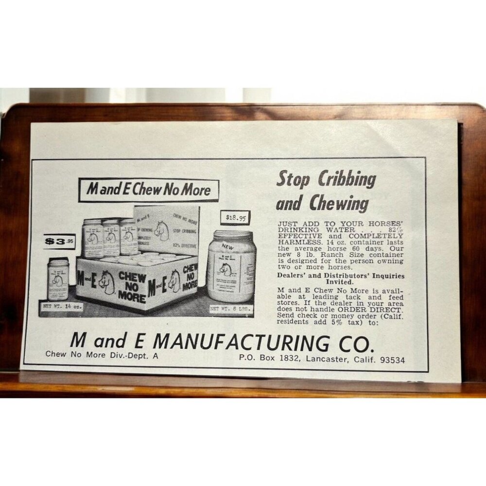 M and E Chew No More Vintage Mini Print Ad 1970s Anti-Cribbing Powder Horses